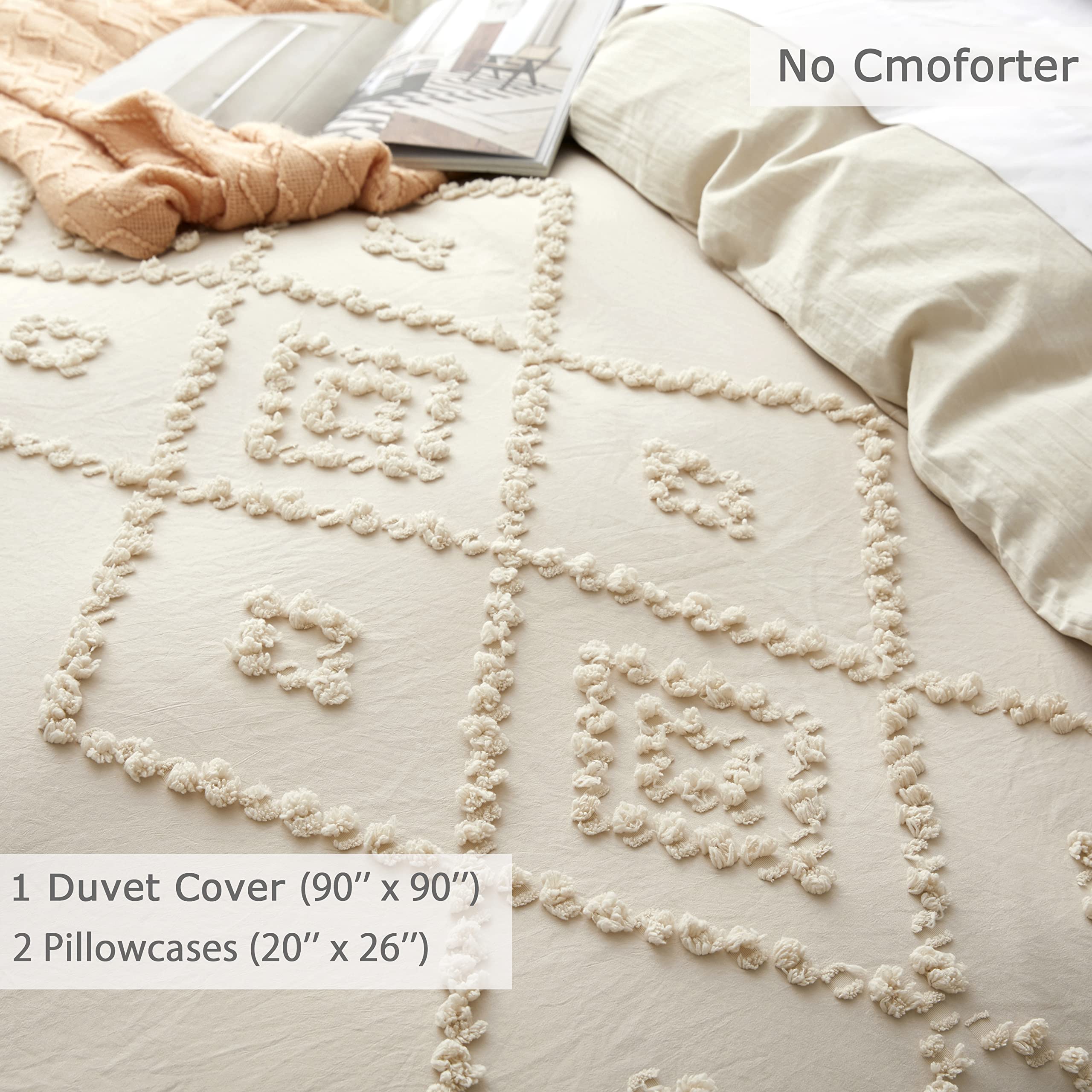 Oli Anderson Duvet Cover Queen Size, 3 Pieces Boho Tufted Bedding Set for All Seasons, Soft and Embroidery Shabby Chic Duvet Covers Set with Zipper Closure (Beige, Queen, 90"x 90")