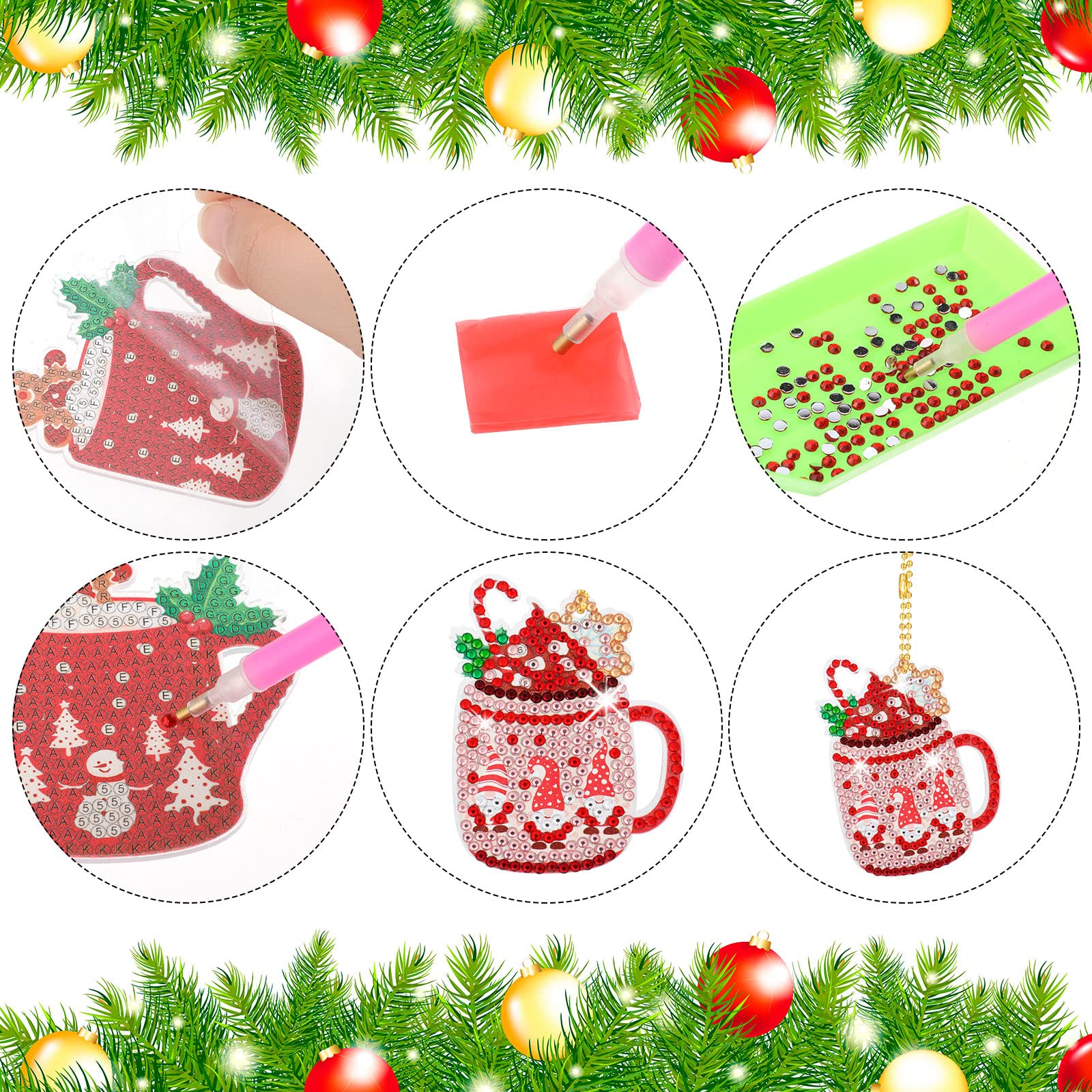 15 Pieces Christmas Diamond Painting Keychain Diamond Painting Ornaments 5D DIY Diamond Painting Keychain Hot Cocoa Christmas Diamond Art Ornaments for Kids Christmas DIY Crafts Family Decor (Cute)