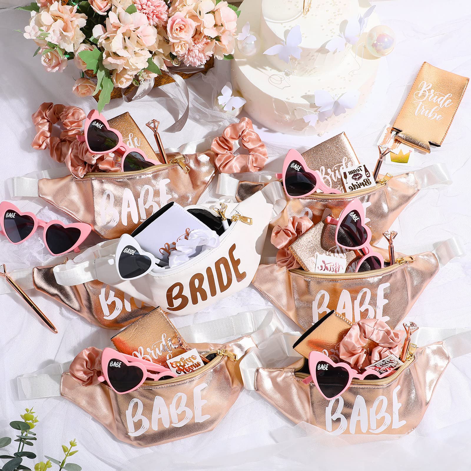 Maitys 45 Pcs Bachelorette Bride Party Favors 7 Sets Bridal Shower Gifts for Bridesmaid Wedding Bride Fanny Pack Sunglasses Scrunchies Pens Cup Sleeve Tattoo Bride Shower Decoration