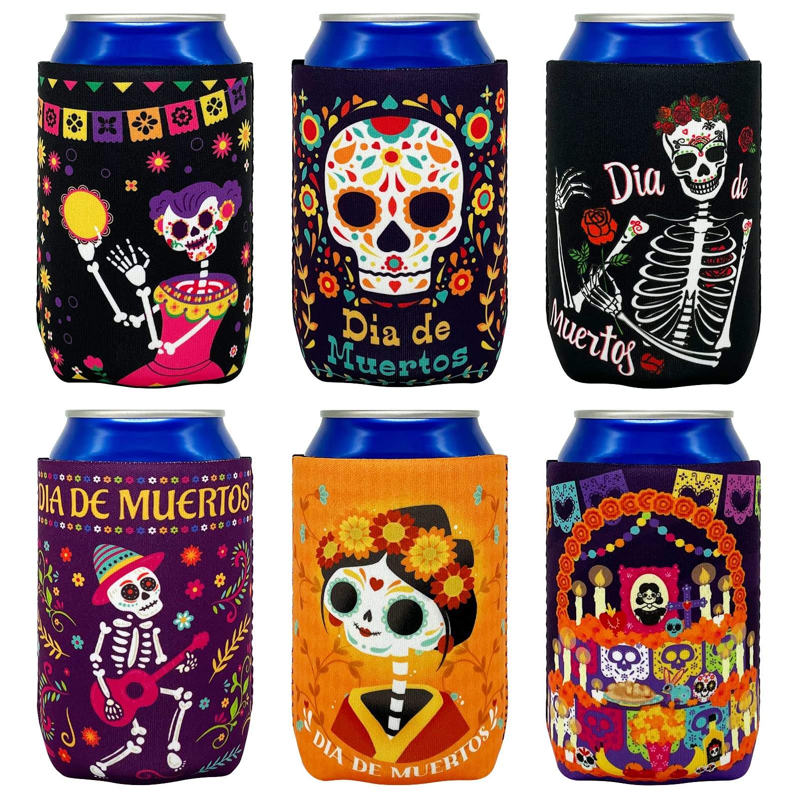 12PCS Day of The Dead Beer Can Cooler Sleeves – Halloween Mexican Beer Festival Games Covers Party Supplies Favors