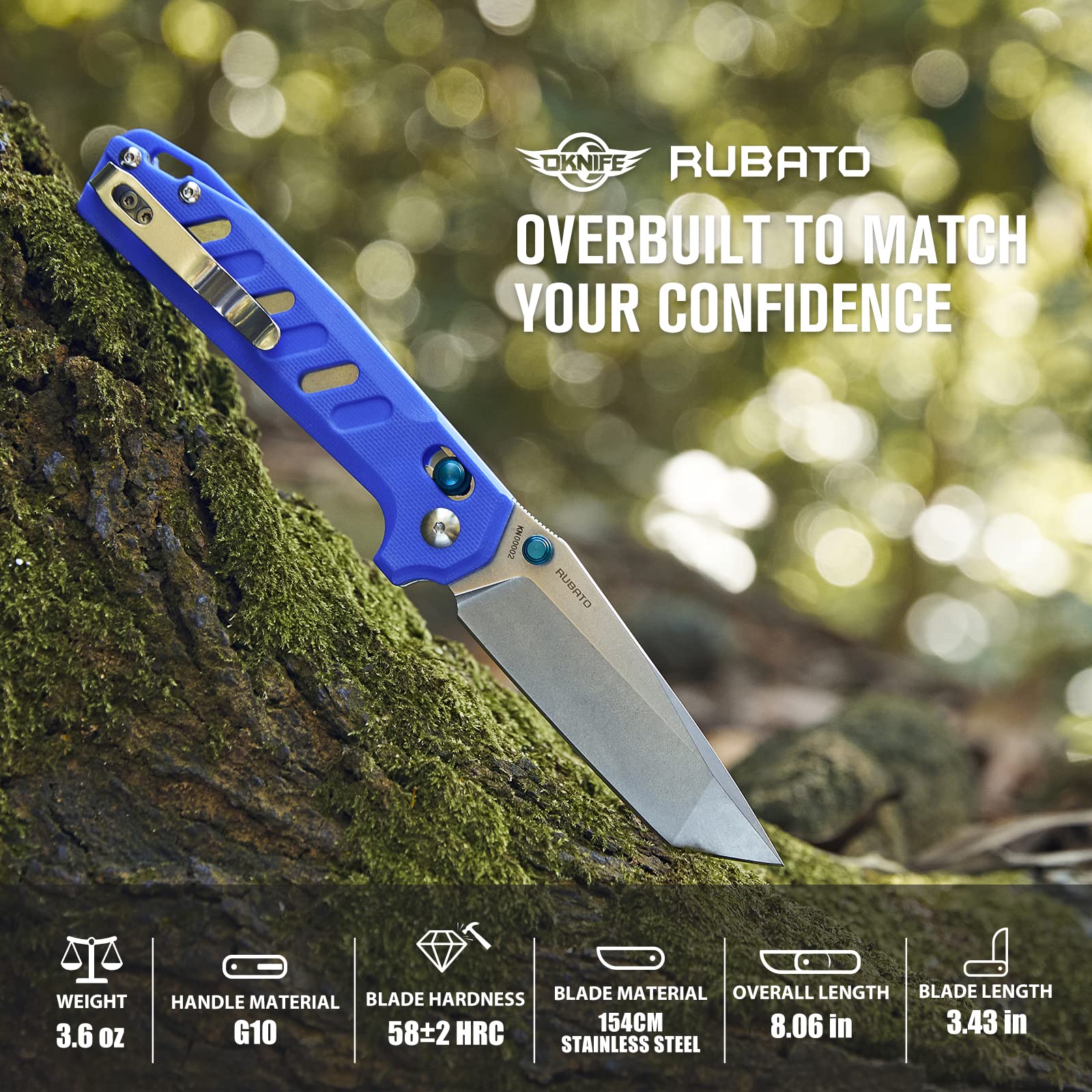 OKNIFE Rubato Pocket Knife, Tanto Style EDC Folding Knife with 154CM Stainless Blade and G10 Handle for Camping Indoor and Outdoor Activities (Blue)