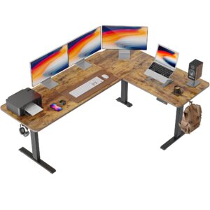 fezibo 75 inches, supports over 300lbs, large l shaped standing desk, electric height adjustable l shaped desk, suitable for home office, rustic brown top/black frame