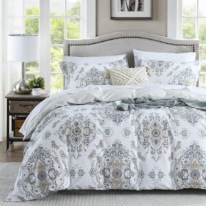 bedduvit 100% cotton duvet cover queen size - soft paisley queen duvet cover set, 3 pieces all season reversible damask bedding comforter sets with 2 pillow shams, white/yellow, 90"x90"