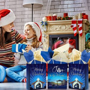 34 Pcs Christmas Nativity Gift Bags Joy to The World Goodie Present Bags with Handles Merry Christmas Kraft Paper Treat Bags with Tissue Paper for Holy Nativity Religious Holiday Festival Party