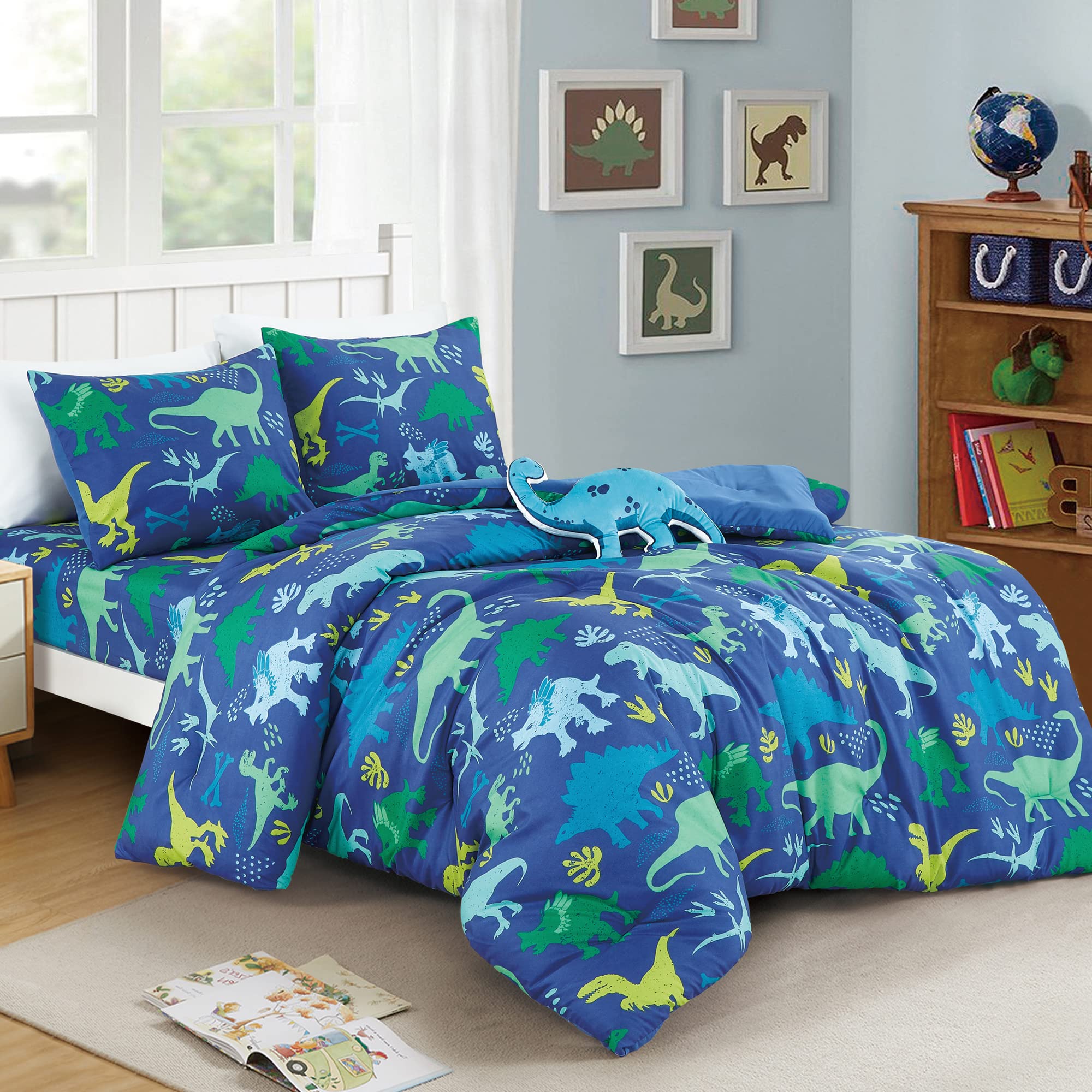 Blue Dinosaurs Print Comforter Set for Boys Girls teen, Twin size bedding for kids bedroom include comforter fitted sheet pillow sham and Dinosaur Pillow (Blue Dinosaurs, Twin)