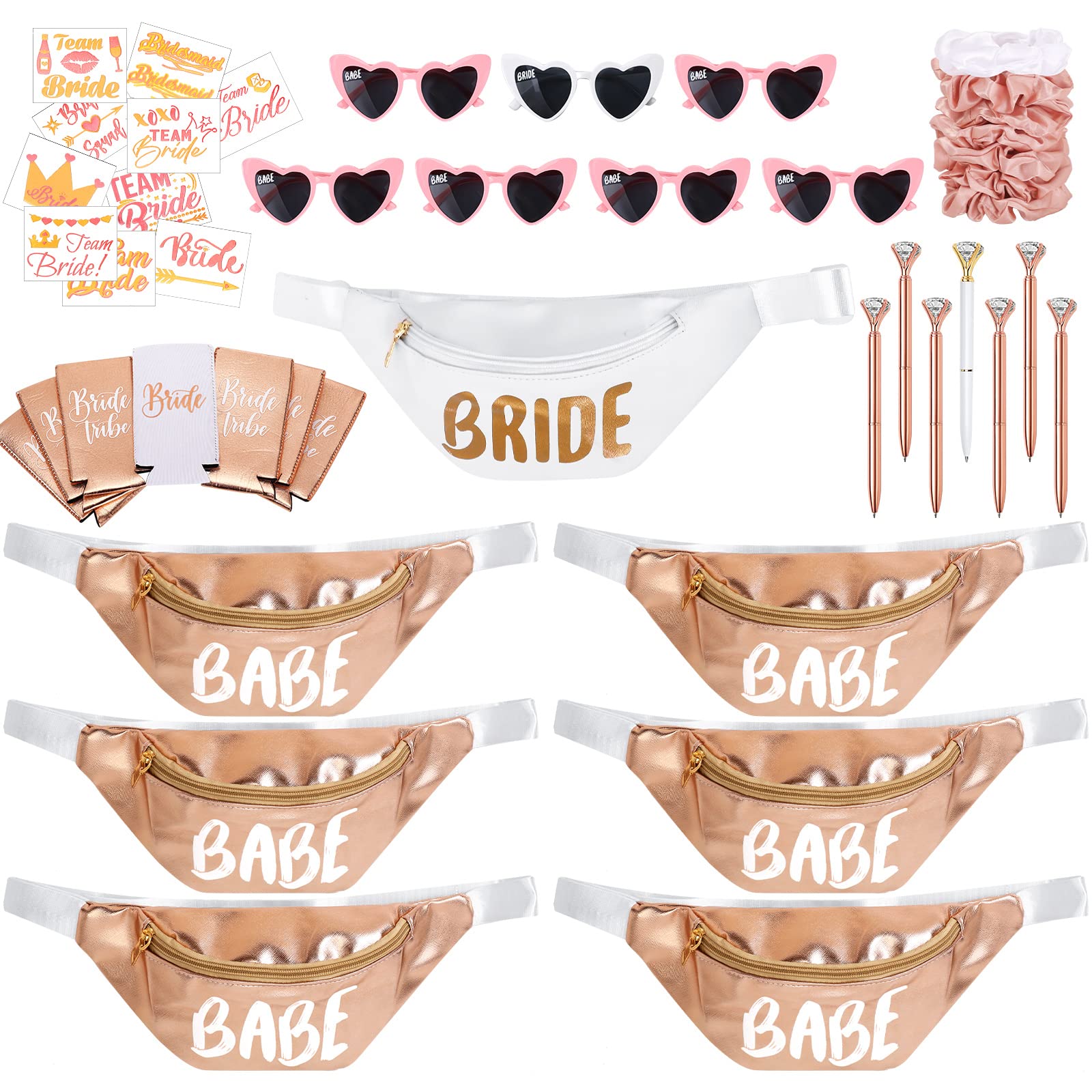 Maitys 45 Pcs Bachelorette Bride Party Favors 7 Sets Bridal Shower Gifts for Bridesmaid Wedding Bride Fanny Pack Sunglasses Scrunchies Pens Cup Sleeve Tattoo Bride Shower Decoration