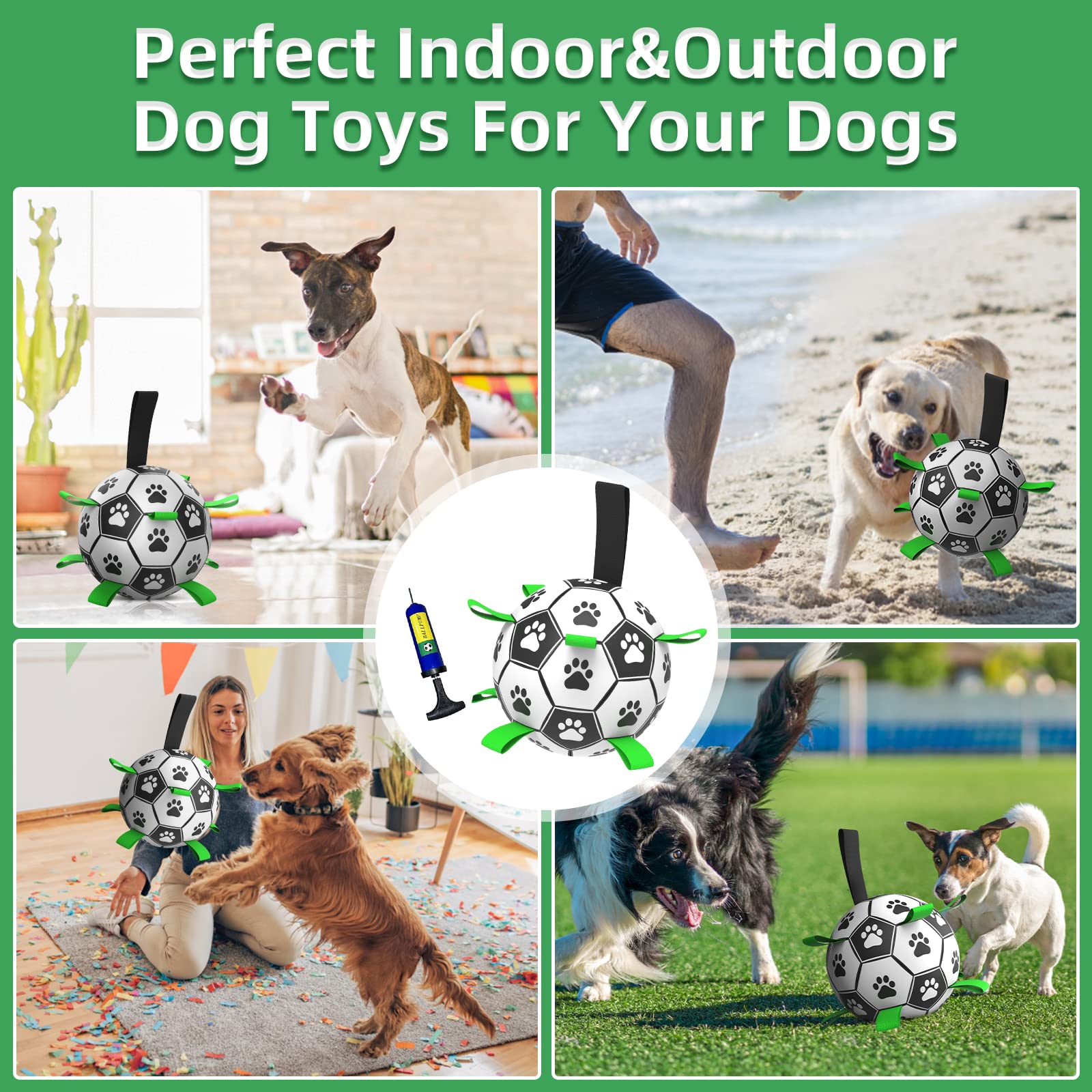 QDAN Dog Soccer Balls Toy with Bell Inside, Outdoor Interactive Dog Toys for Tug of War, Puppy Birthday Gifts, Dog Water Toy, Durable Ropes Squeaky Soccer Dog Ball for Medium and Large Dogs （8 INCH）