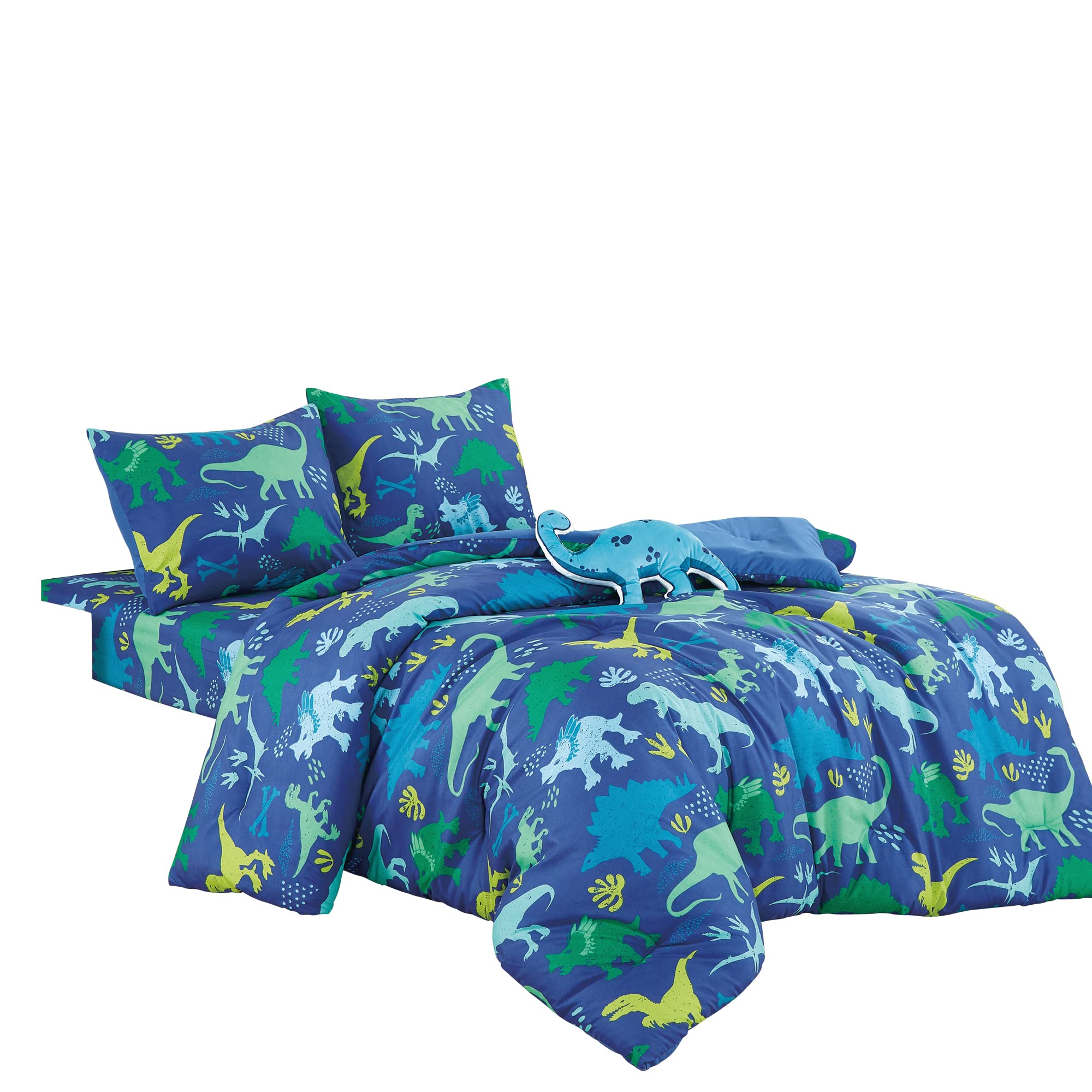 Blue Dinosaurs Print Comforter Set for Boys Girls teen, Twin size bedding for kids bedroom include comforter fitted sheet pillow sham and Dinosaur Pillow (Blue Dinosaurs, Twin)