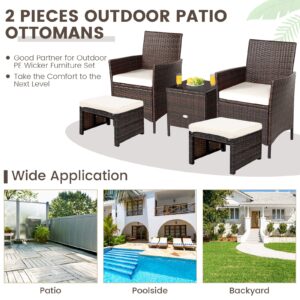 RELAX4LIFE 2-Piece Wicker Outdoor Ottoman, Rattan Footrest Set of 2 with Removable Cushions, 3-in-1 Foot Stool, Side Table & Additional Seating, Outdoor Footstools for Patio Backyard (White)