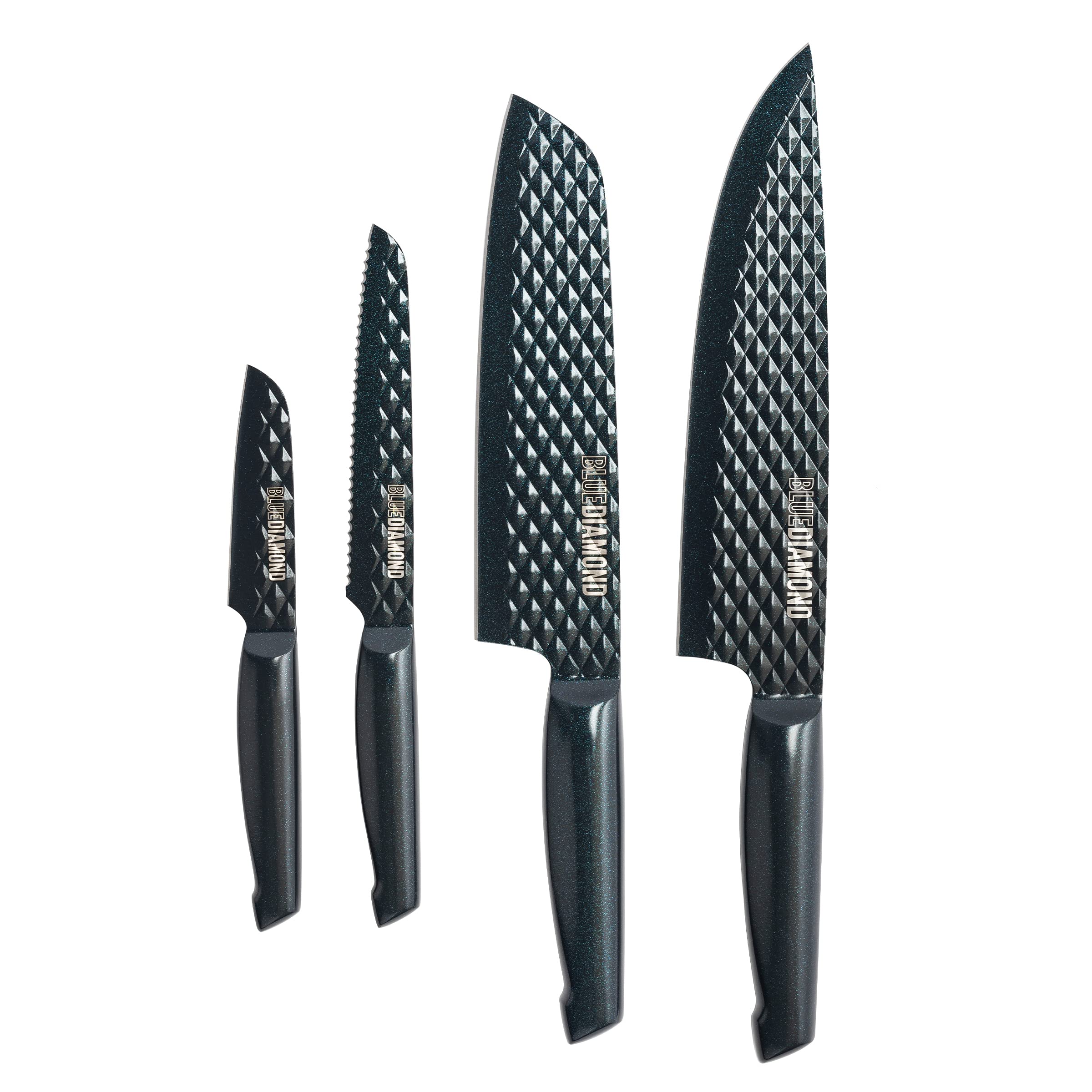 Blue Diamond Sharp Stone Nonstick Stainless Steel Cutlery, 4 Piece Set including Chef Santoku Serrated and Pairing Knives with Covers, Diamond Texture Blade, Dishwasher Safe, Blue