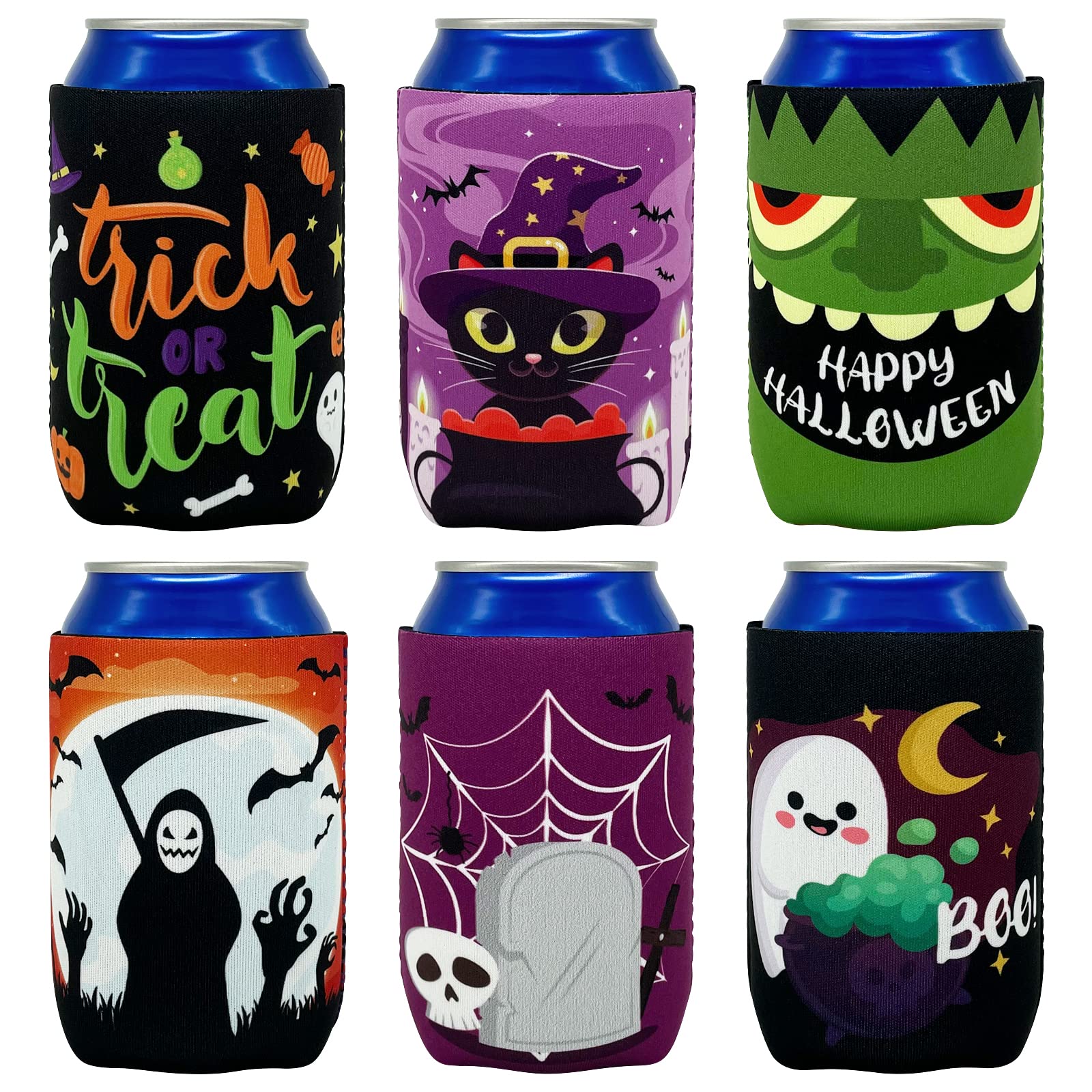 12PCS Halloween Can Coolers Sleeves –Trick or Treat Clover Beer Beverage Party Supplies Decorations Favors