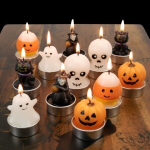 giftexpress 12 pcs halloween candles 6 styles, smokeless unscented tealight candles for halloween decoration, halloween party, ghost, witch, skull, jack o lantern pumpkin candles