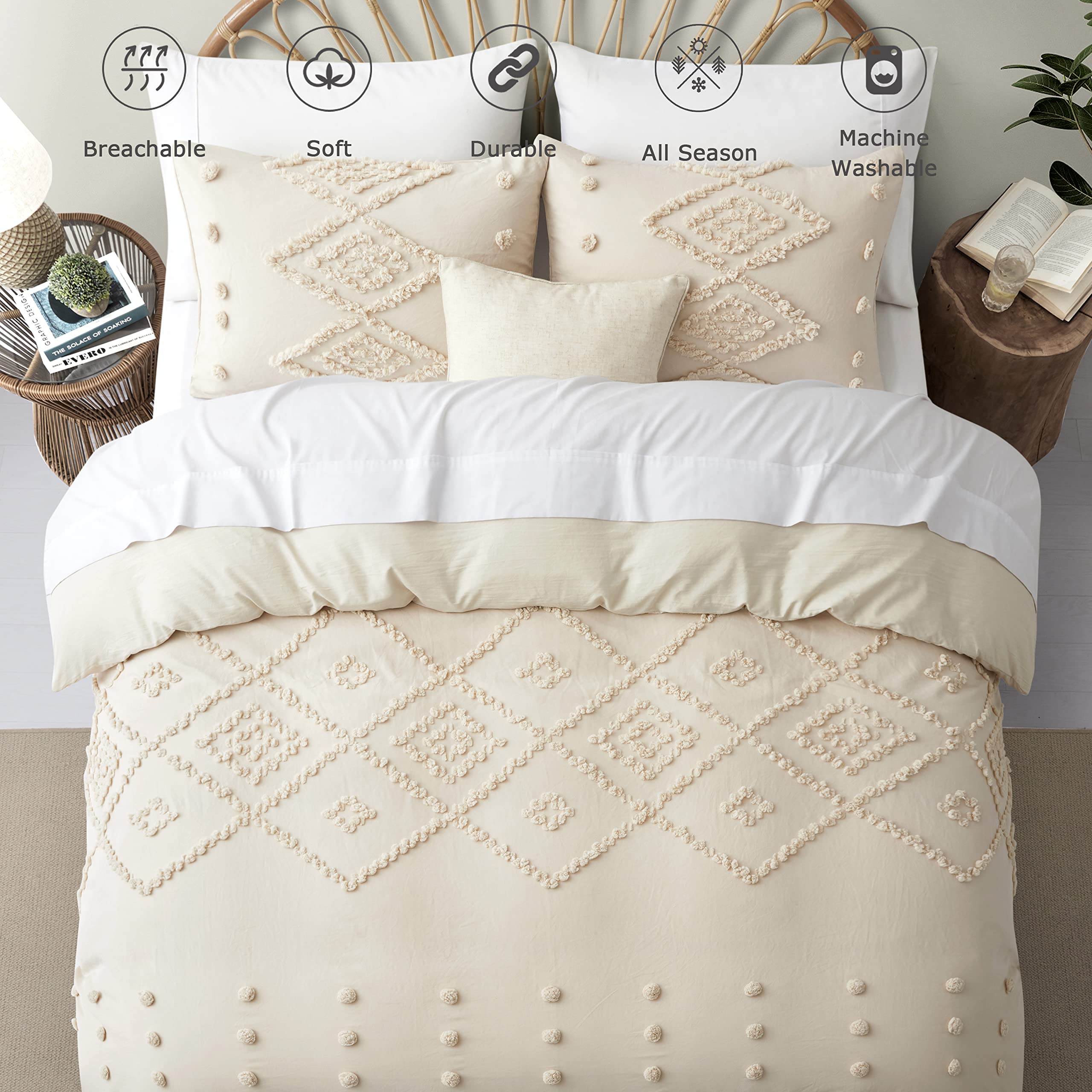 Oli Anderson Duvet Cover Queen Size, 3 Pieces Boho Tufted Bedding Set for All Seasons, Soft and Embroidery Shabby Chic Duvet Covers Set with Zipper Closure (Beige, Queen, 90"x 90")