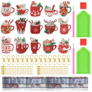 15 Pieces Christmas Diamond Painting Keychain Diamond Painting Ornaments 5D DIY Diamond Painting Keychain Hot Cocoa Christmas Diamond Art Ornaments for Kids Christmas DIY Crafts Family Decor (Cute)