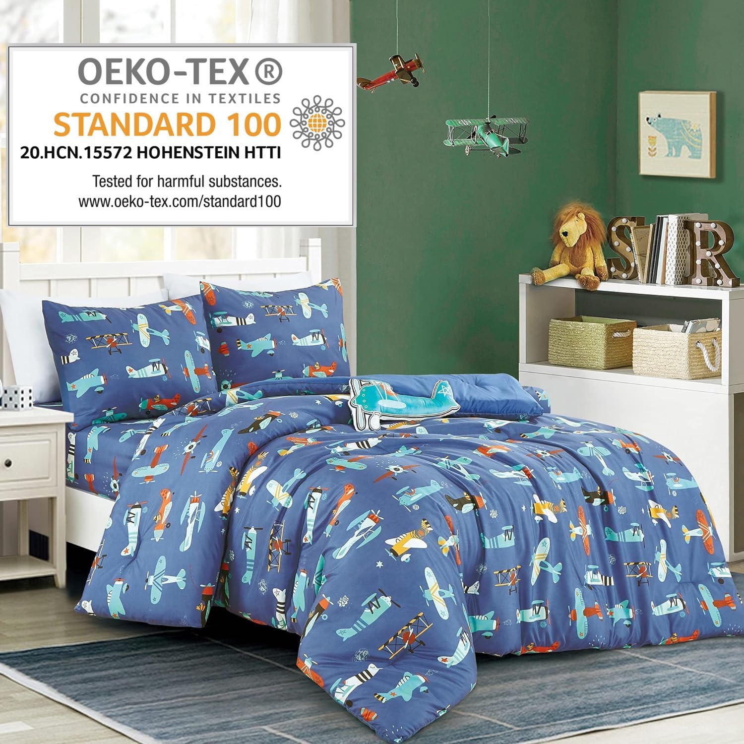 Blue Airplanes print Comforter Set for Boys Girls teen. Twin size Bedding for kids room. Include Twin comforter fitted sheet, pillow sham and Plush Airplane pillow (AIRPLANE, Twin)