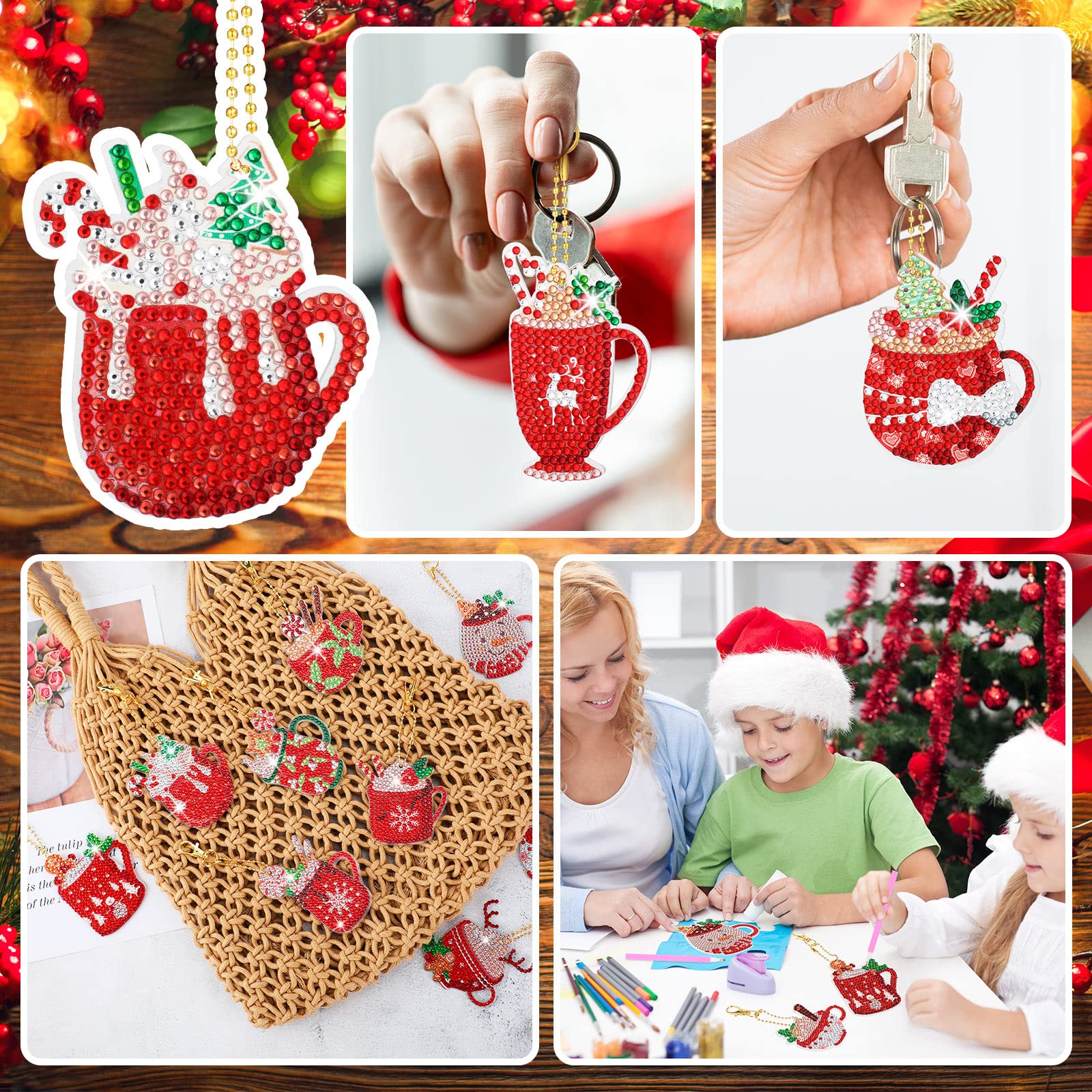 15 Pieces Christmas Diamond Painting Keychain Diamond Painting Ornaments 5D DIY Diamond Painting Keychain Hot Cocoa Christmas Diamond Art Ornaments for Kids Christmas DIY Crafts Family Decor (Cute)