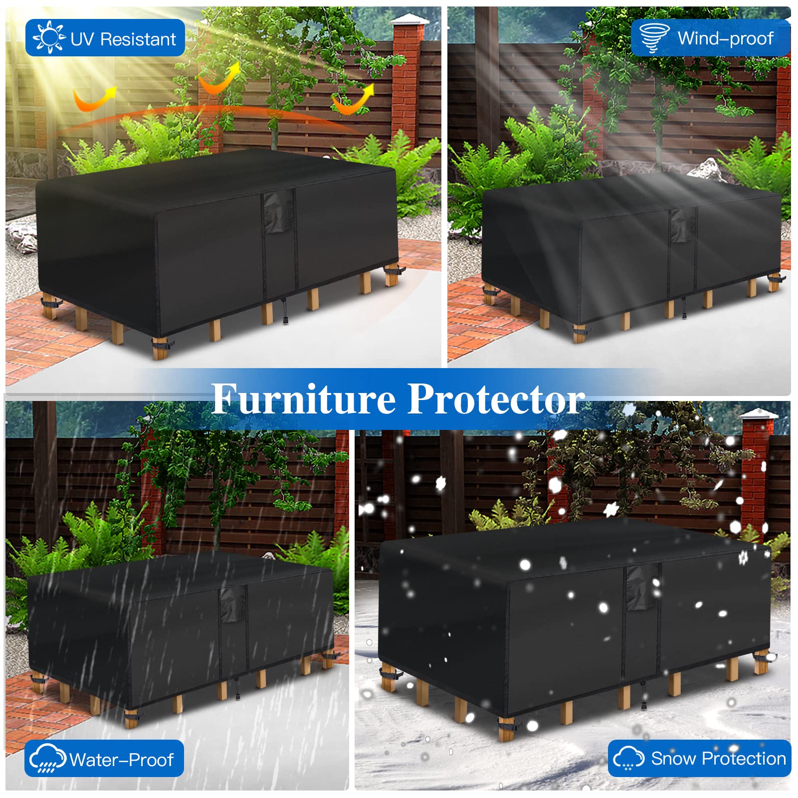 SUPERHOLD Patio Furniture Covers Waterproof, Outdoor Rectangular Sectional Sofa Set Covers (126L x 63W x 28H, Black) Extra Large Outdoor Table and Chair Set Covers Fit for 10-12 Seats, Extremely