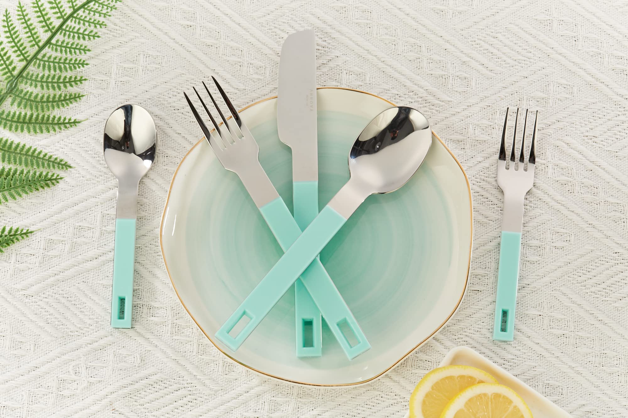 ANNOVA Silverware Set 20 Pieces Stainless Steel Cutlery Color Block Handle Modern Style Flatware - 4 x Dinner Knife; 4 x Dinner Fork; 4 x Salad fork; 4 x Dinner Spoon; 4 x Dessert Spoon (Turquoise)