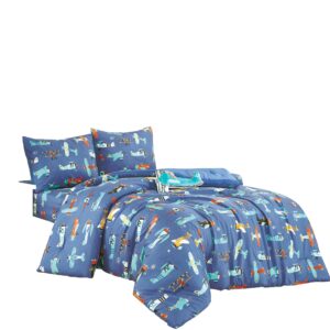 Blue Airplanes print Comforter Set for Boys Girls teen. Twin size Bedding for kids room. Include Twin comforter fitted sheet, pillow sham and Plush Airplane pillow (AIRPLANE, Twin)