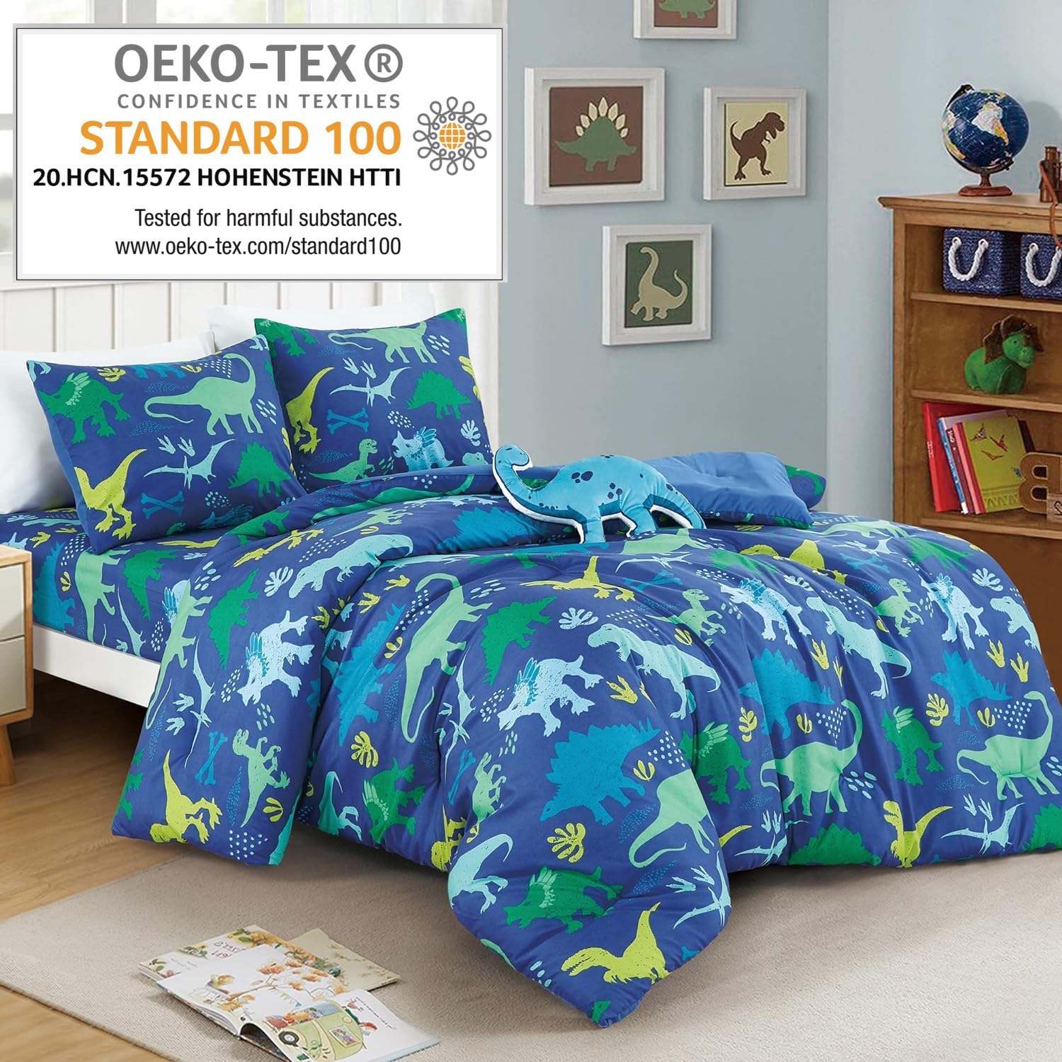 Blue Dinosaurs Print Comforter Set for Boys Girls teen, Twin size bedding for kids bedroom include comforter fitted sheet pillow sham and Dinosaur Pillow (Blue Dinosaurs, Twin)