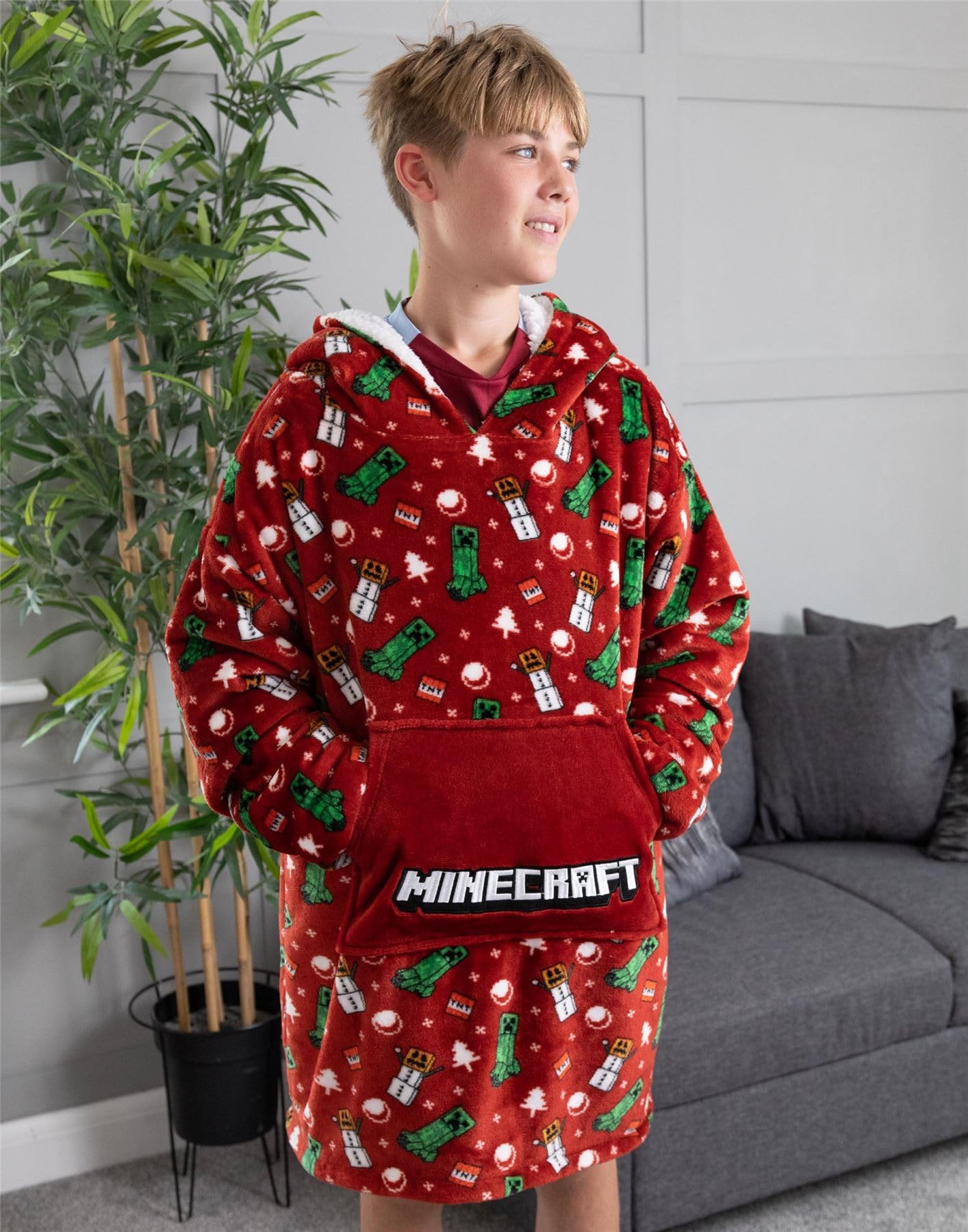 Minecraft Christmas Xmas Vuddie Oversized Blanket Hoodie Kids Boys Girls Red Fleece