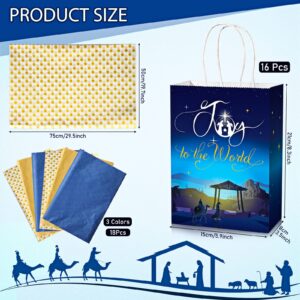 34 Pcs Christmas Nativity Gift Bags Joy to The World Goodie Present Bags with Handles Merry Christmas Kraft Paper Treat Bags with Tissue Paper for Holy Nativity Religious Holiday Festival Party