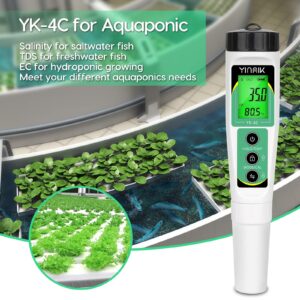 YINMIK EC Salt TDS Meter 4 in 1 Salinity Conductivity TDS Temperature Meter for Hydroponics, Waterproof PPM Water Tester with Backlit for Salt Water Pool, Nutrients, Aquarium, Aquaponics