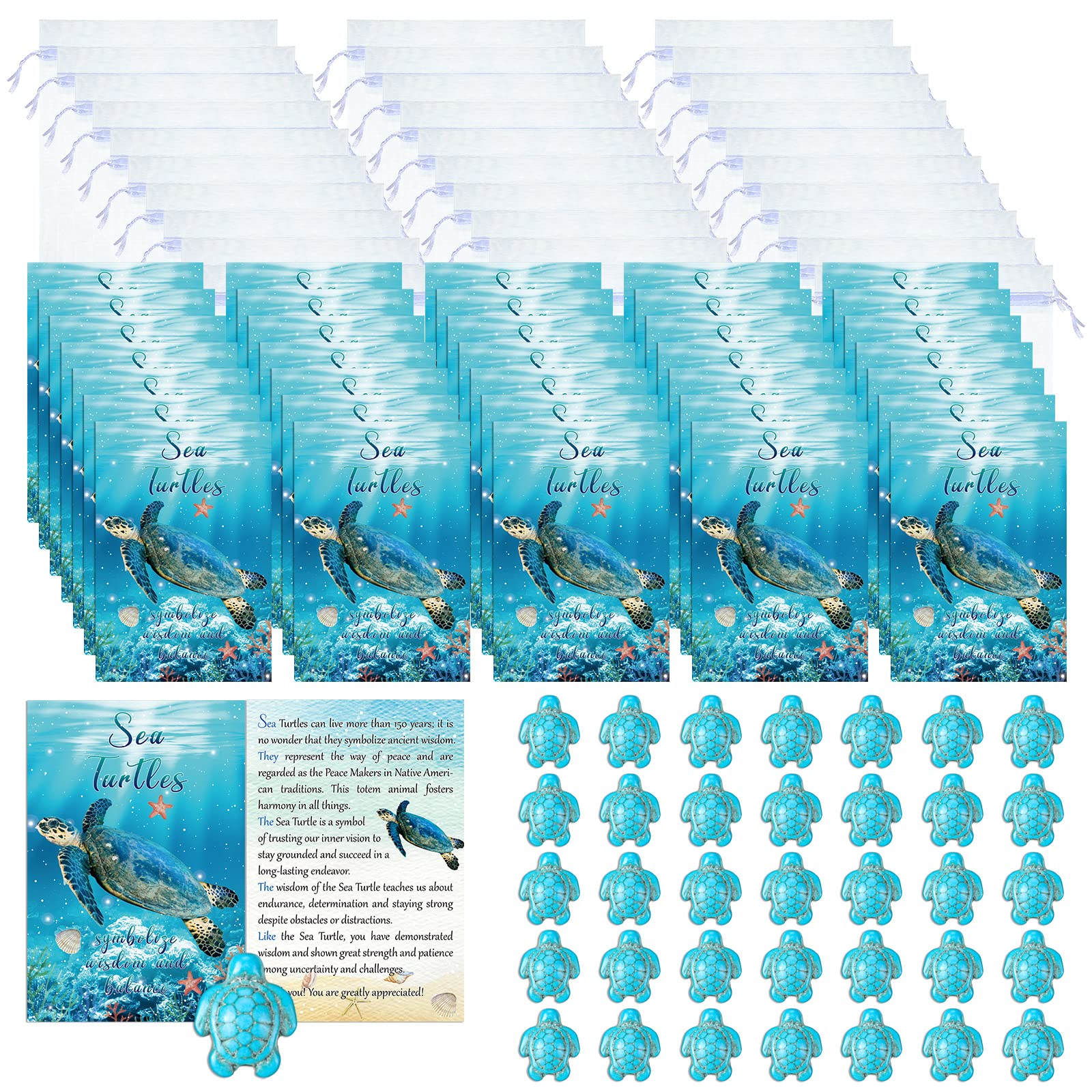 135 Pcs Sea Turtle Employee Appreciation Gifts Bulk Thank You Teacher Appreciation Gift Includes 45 Turtle Greeting Card with Message 45 sea Turtle and 45 Organza Bags for Coworkers (Bright Style)