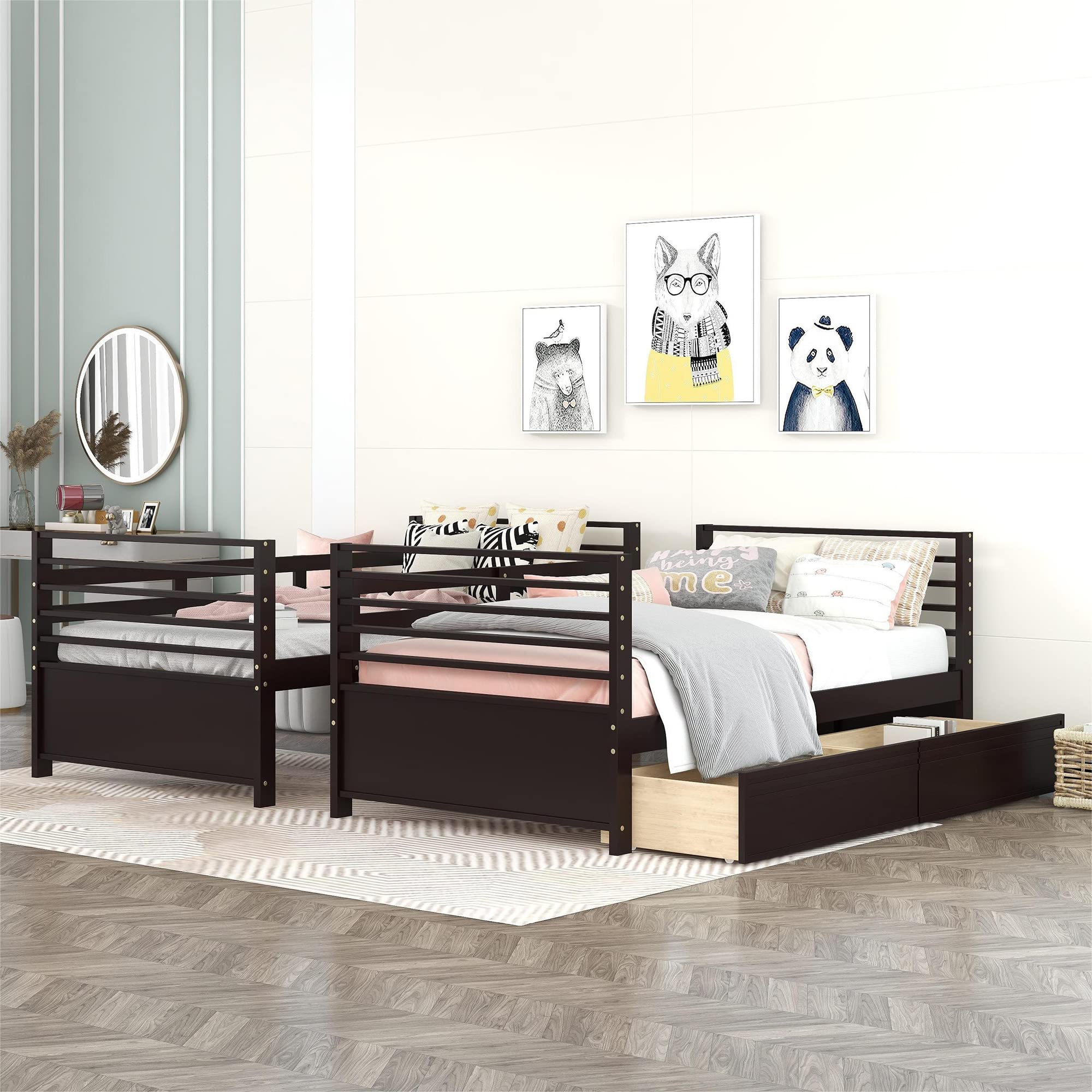 Twin over Twin Bunk Bed with Two Storage Drawers, Solid Wood Bunk Beds with Guardrails and Angle Ladders for Kids Boys Girls Teens, can be Divided into Two Individual Beds (Twin Size, Espresso)