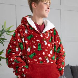 Minecraft Christmas Xmas Vuddie Oversized Blanket Hoodie Kids Boys Girls Red Fleece