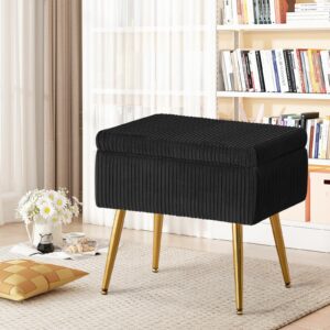 Furniliving Vanity Stool Chair with Storage, 19.75" W x 14.75" D x 18.5" H Modern Pleated Velvet Design Makeup Chair with Metal Legs, Upholstered Footrest Storage Bench for Bedroom, Khaki