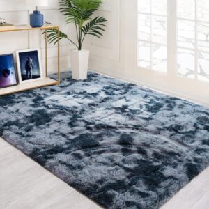 QXKAKA Soft Fluffy 4x6 Rug for Bedroom Living Room, Large Throw Rugs Fuzzy Shag Area Rug for Boys Kids Room, Non-Slip Tie Dye Carpet, Plush Modern Home Decor, Blue Grey