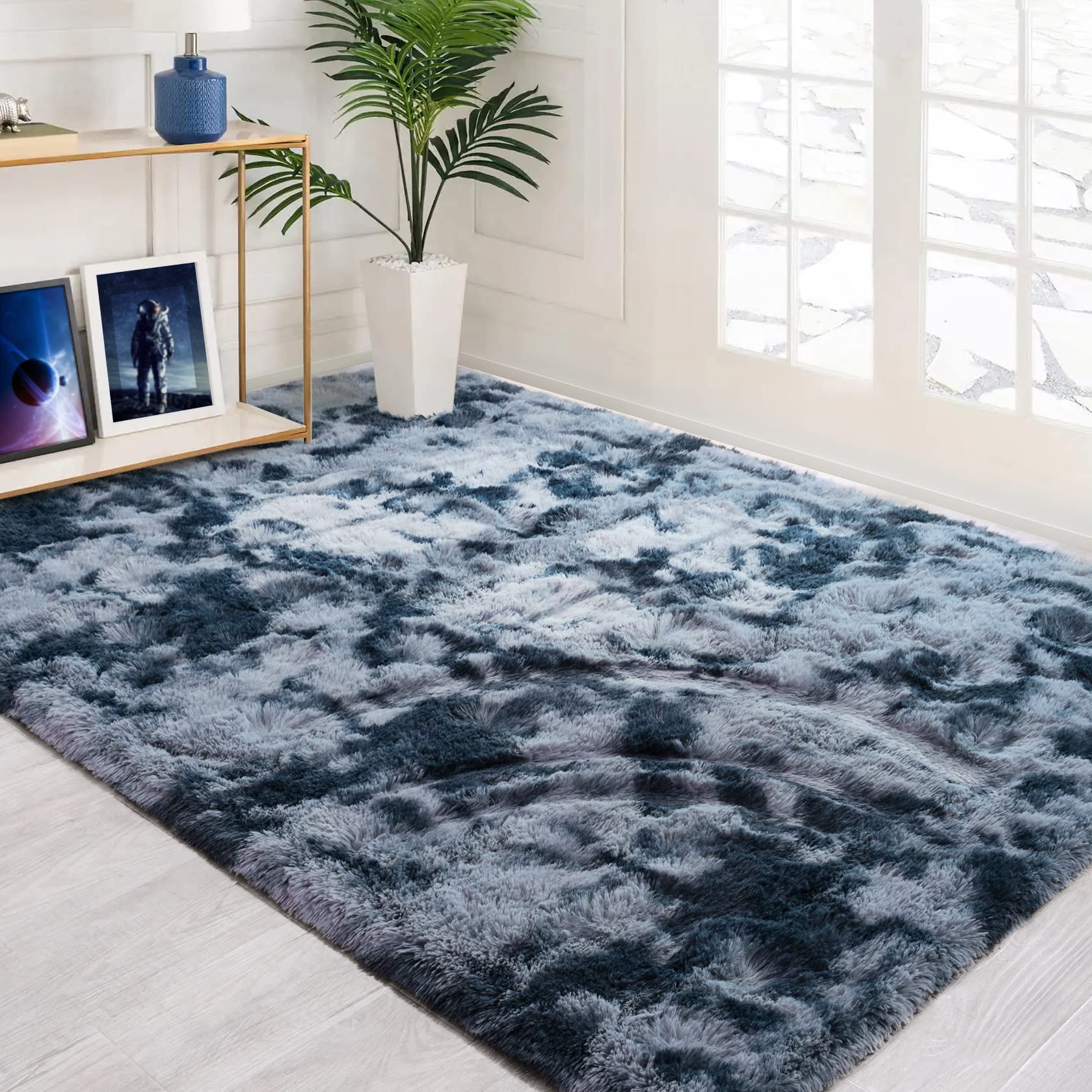 QXKAKA Soft Fluffy 4x6 Rug for Bedroom Living Room, Large Throw Rugs Fuzzy Shag Area Rug for Boys Kids Room, Non-Slip Tie Dye Carpet, Plush Modern Home Decor, Blue Grey