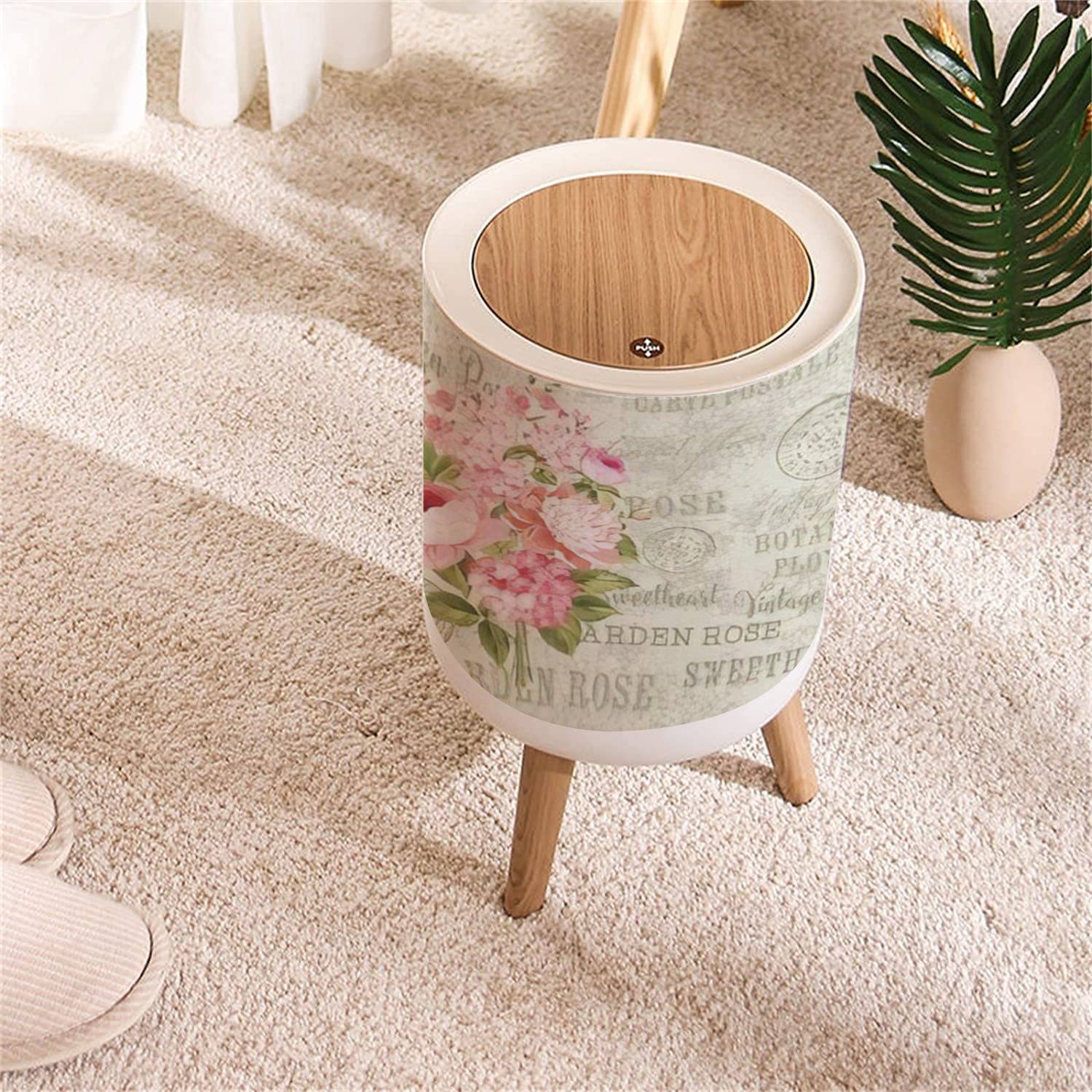 Boho Chic Botanical Floral Small Trash Can with Lid garland blooming flowers Spring Garden Round Recycle Bin Press Top Garbage Can Wastebasket for Kitchen Bathroom Bedroom Dorm 7L/1.8 Gallon