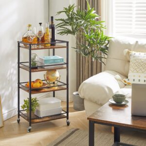 IBUYKE Industrial Bar Carts, Kitchen Storage Serving Cart, Mobile Kitchen Shelf，4 Tier Storage Cart for Bath, Kitchen, Bedroom, Living Room Rustic Brown and Black TMJ419H