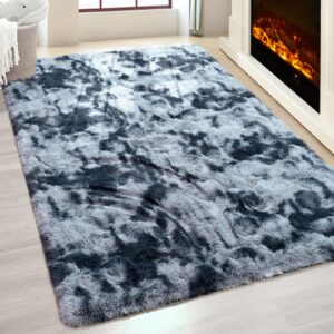 QXKAKA Soft Fluffy 4x6 Rug for Bedroom Living Room, Large Throw Rugs Fuzzy Shag Area Rug for Boys Kids Room, Non-Slip Tie Dye Carpet, Plush Modern Home Decor, Blue Grey