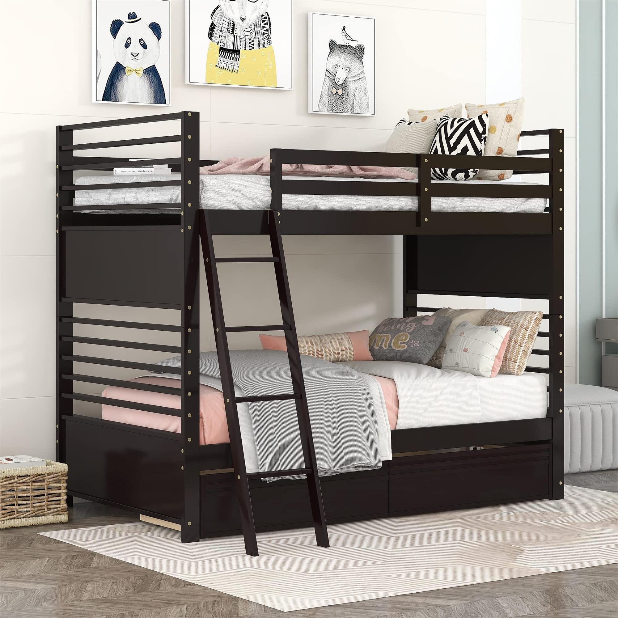 Twin over Twin Bunk Bed with Two Storage Drawers, Solid Wood Bunk Beds with Guardrails and Angle Ladders for Kids Boys Girls Teens, can be Divided into Two Individual Beds (Twin Size, Espresso)