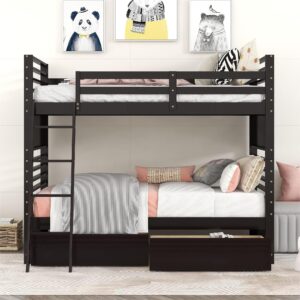 twin over twin bunk bed with two storage drawers, solid wood bunk beds with guardrails and angle ladders for kids boys girls teens, can be divided into two individual beds (twin size, espresso)