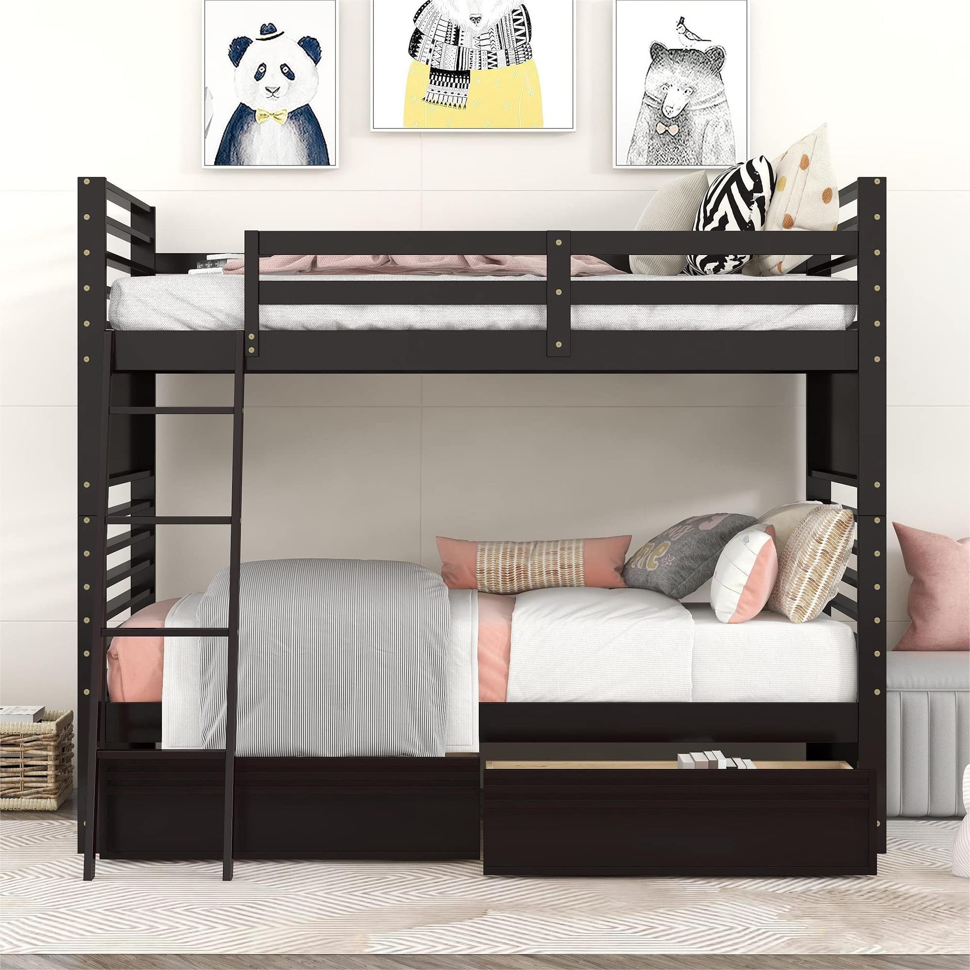 Twin over Twin Bunk Bed with Two Storage Drawers, Solid Wood Bunk Beds with Guardrails and Angle Ladders for Kids Boys Girls Teens, can be Divided into Two Individual Beds (Twin Size, Espresso)