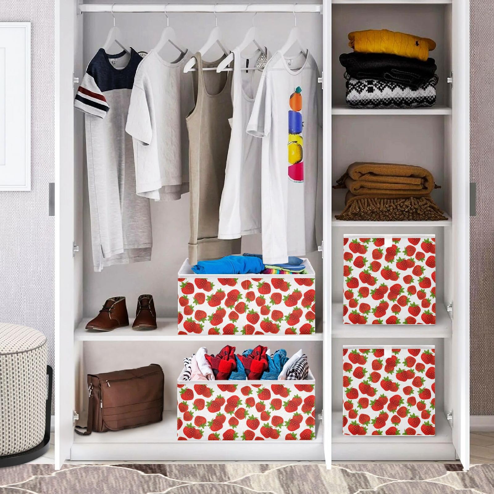 Sletend Cube Storage Bins Strawberry Fruits Collapsible Storage Baskets Foldable Fabric Storage Box for Clothes, Toys 11" x 11" x 11"