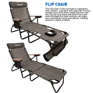 EasyGo Product FLIP Face Down Tanning Chaise Lounge Chair with Face & Arm Holes - 4 Legs Support - Textilene Material - 6 Position - Arm Head Rest Pillow - Beach or Home Use - PATENTS Pending, Brown