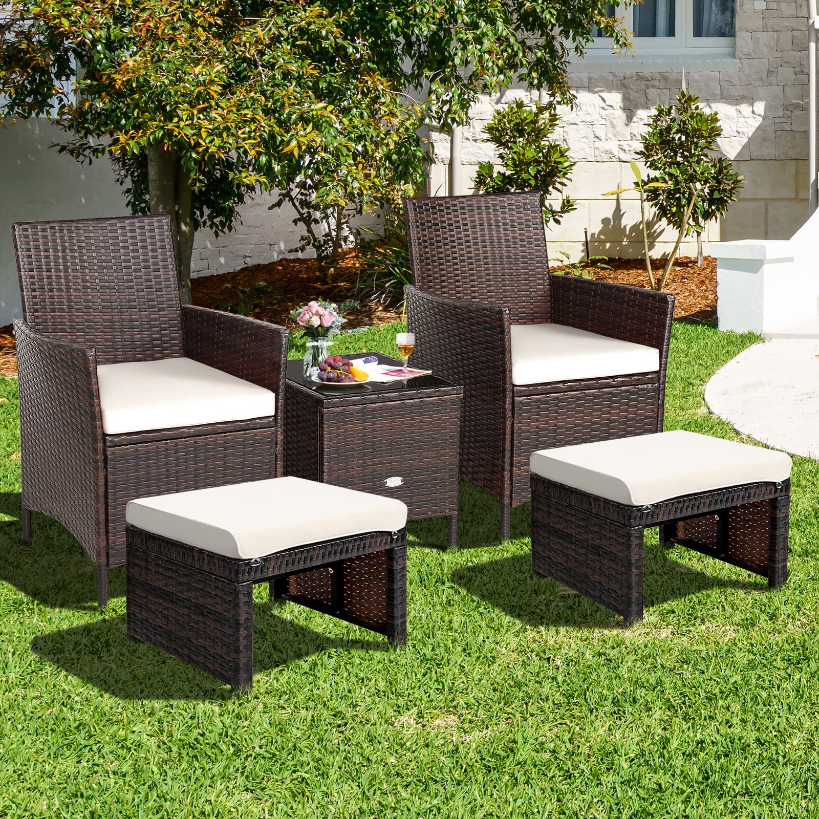 RELAX4LIFE 2-Piece Wicker Outdoor Ottoman, Rattan Footrest Set of 2 with Removable Cushions, 3-in-1 Foot Stool, Side Table & Additional Seating, Outdoor Footstools for Patio Backyard (White)