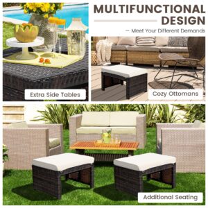 RELAX4LIFE 2-Piece Wicker Outdoor Ottoman, Rattan Footrest Set of 2 with Removable Cushions, 3-in-1 Foot Stool, Side Table & Additional Seating, Outdoor Footstools for Patio Backyard (White)