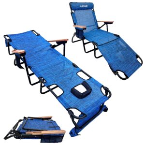 easygo product flip patio chaise lounger chair for tanning with face & arm holes 4 legs support textilene material 6 position reclining head rest pillow beach or home use-patents pending, 1 pack, blue