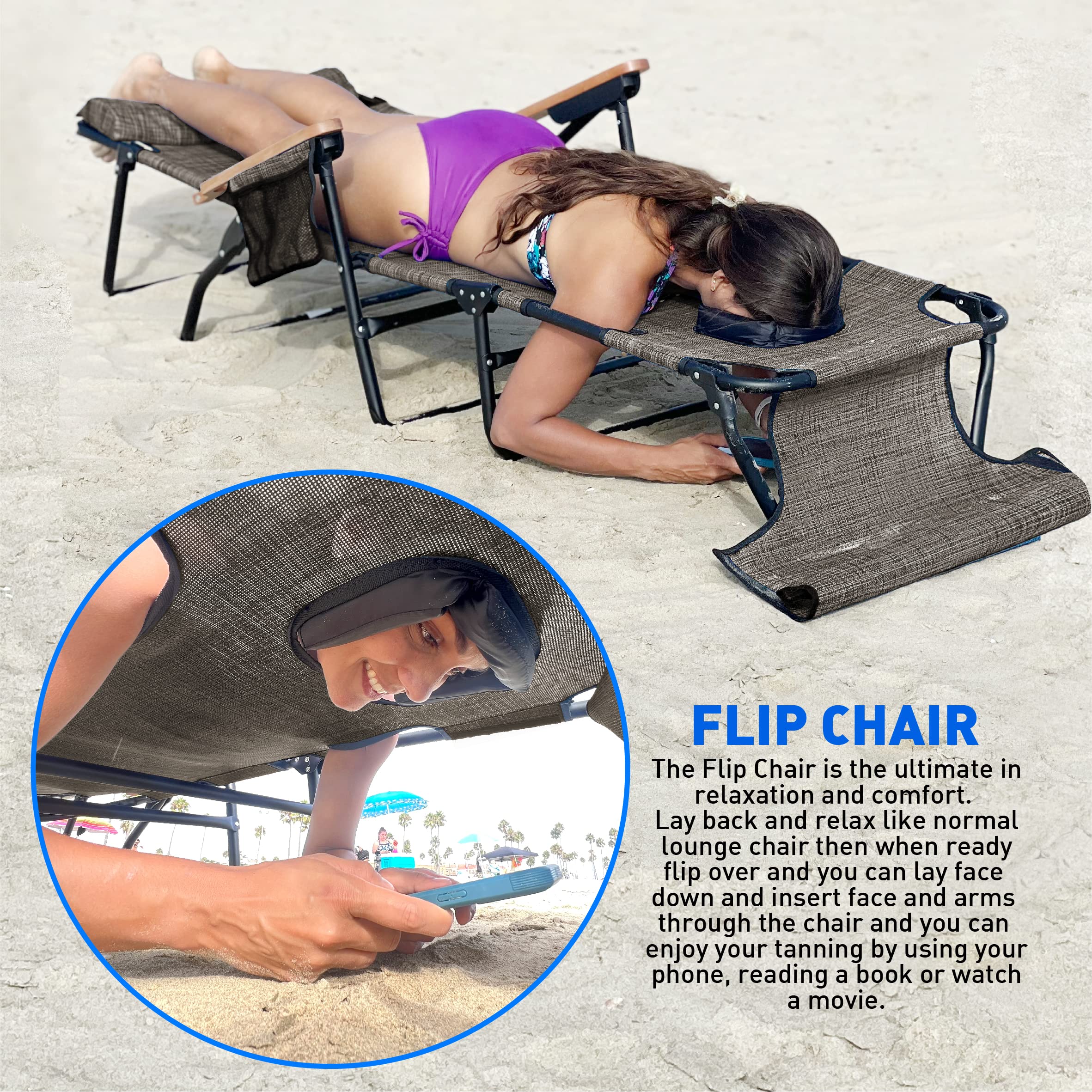 EasyGo Product FLIP Face Down Tanning Chaise Lounge Chair with Face & Arm Holes - 4 Legs Support - Textilene Material - 6 Position - Arm Head Rest Pillow - Beach or Home Use - PATENTS Pending, Brown