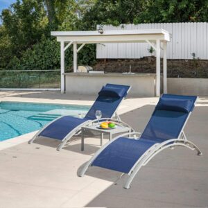 domi pool lounge chairs set of 3, adjustable aluminum outdoor chaise lounge chairs with metal side table, all weather for deck lawn poolside backyard -navy blue textilene