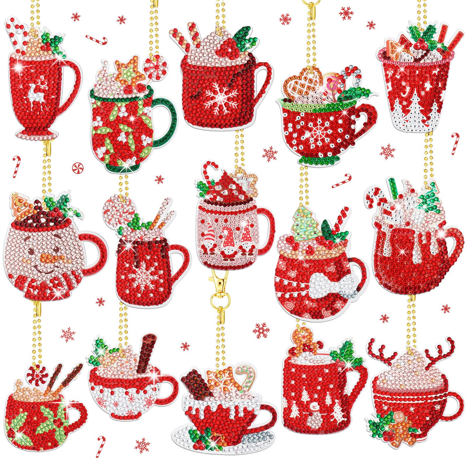 15 Pieces Christmas Diamond Painting Keychain Diamond Painting Ornaments 5D DIY Diamond Painting Keychain Hot Cocoa Christmas Diamond Art Ornaments for Kids Christmas DIY Crafts Family Decor (Cute)