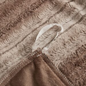 Yaoshuho Soft Fluffy Ombre Brushed Faux Fur Duvet Cover Set Luxury Shaggy Mink Velvet Comforter Cover with Pillowcases (Queen, Stripe Khaki)