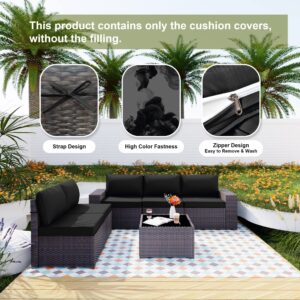 ALAULM 11 Pieces Outdoor Patio Sofa Cushion Covers Replacement for Outdoor Furniture Wicker Rattan Sofas Seat Cushions & Back Cushions with Zipper Design Durable Fadeless Polyester (Black)