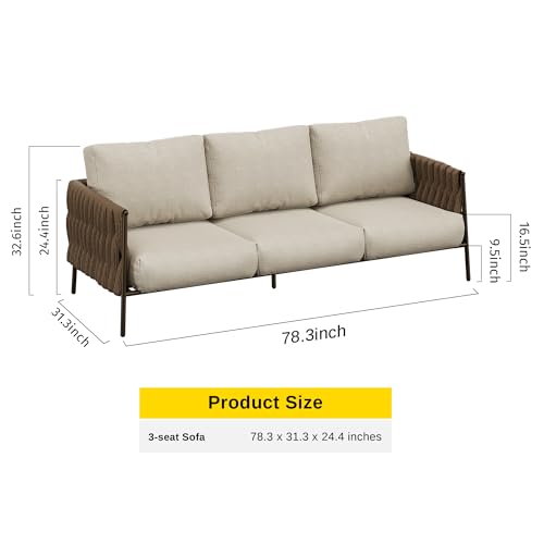 EAST OAK Life Chatter Outdoor Sofa, Outdoor Furniture 3 Seats with Waterproof Thick Cushions, Modern Patio Sofa Deep Seating for Outdoor Garden Porch Blackyard, Chestnut Brown & Creamy Apricot